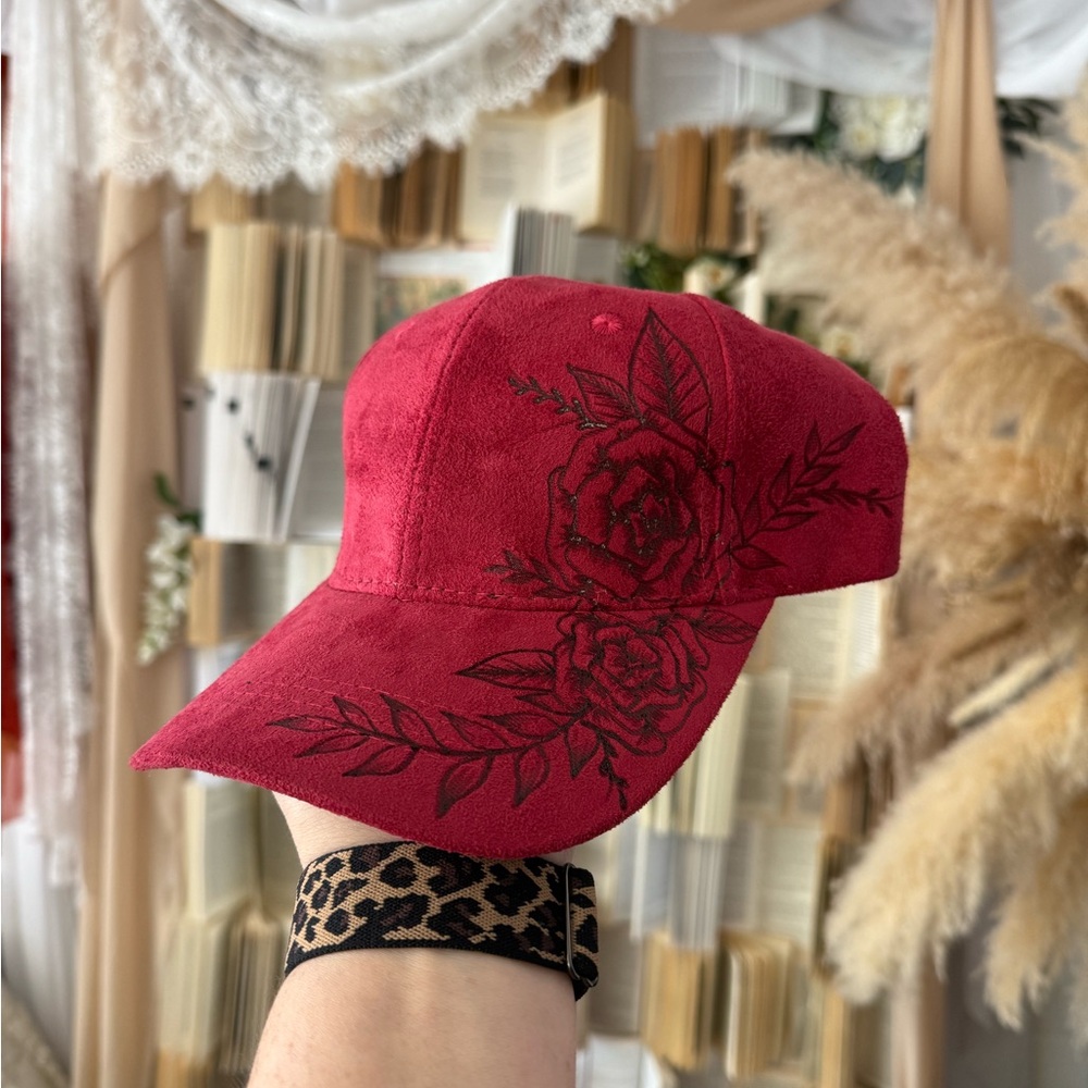 Floral Hand Burned Red Cap